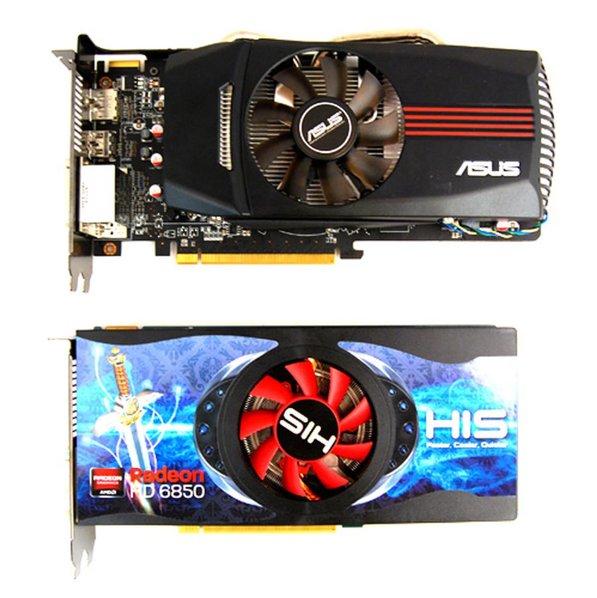 The ASUS card is a tad longer than a reference card (as depicted with the HIS branded edition) because of its DirectCU cooler.