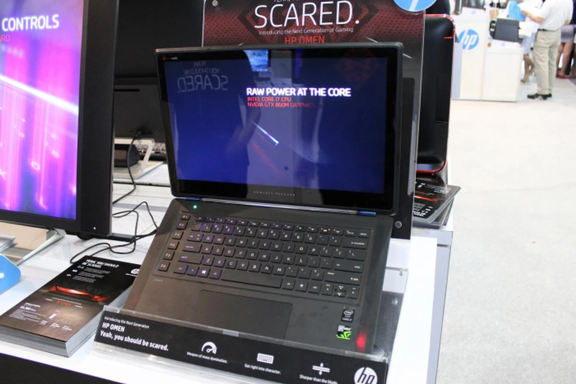 The Omen notebook has an Intel i7-4710HQ processor, 16GB RAM, NVIDIA GeForce GTX 860M (4GB), 512GB SSD, and a 15 inch display (IPS, 1,920 x 1,080 pixels). It’s selling for $3,399 and if you get it at Sitex, it comes with a HP Slate Extreme tablet, HP Omen mouse and a backpack. The Omen is the only gaming notebook we saw on the floor that has 512GB SSD, which makes it an easy recommendation if you’re looking for speedy storage with the hardware to back it up.