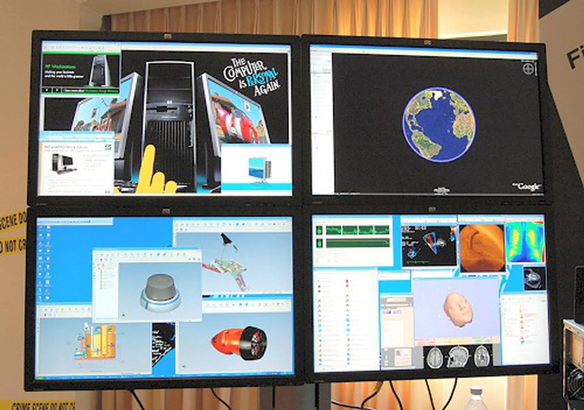  To accompany the various new workstation systems, HP also had a slew of new LCD monitors to fit every office environment need. Shown here is HP's new 30-inch LCD monitor (well, four of them actually), targeted at professional computing needs like CAD and 3D modeling. As expected, its native resolution is 2560x1600 which will require a graphics card with dual-link DVI support to run this monster screen. Other notable specs are the panel's 8ms GTG response time, 300 nits brightness and 1000:1 contrast ratio.  