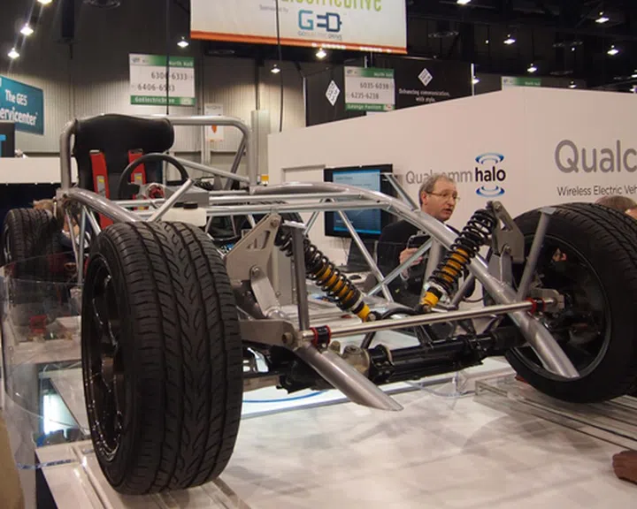 Qualcomm Halo's conceptual electrical vehicle that can be wireless charged with a base unit underneath it.