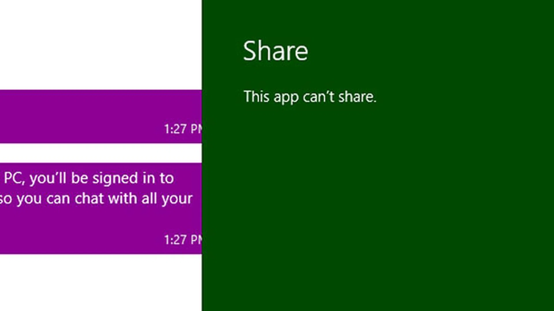 Surprisingly, the Messaging app can't use the Share Charm. Hopefully this and support for more accounts will come in a future update.