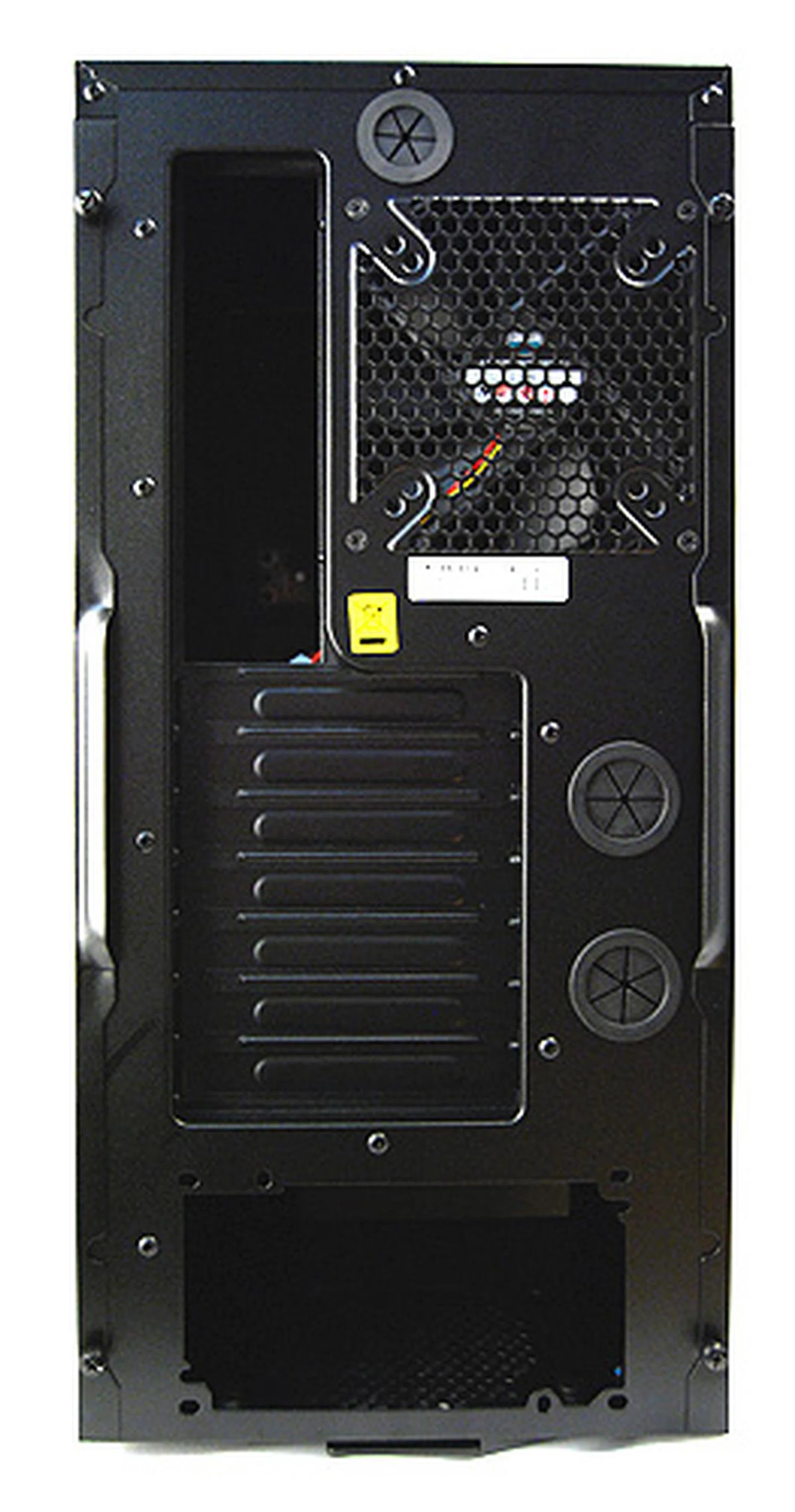 The rear of the chassis is standard fare. There’s a 120mm rear exhaust fan - limited to 800rpm - to keep noise down and three grommets for liquid cooling setups.