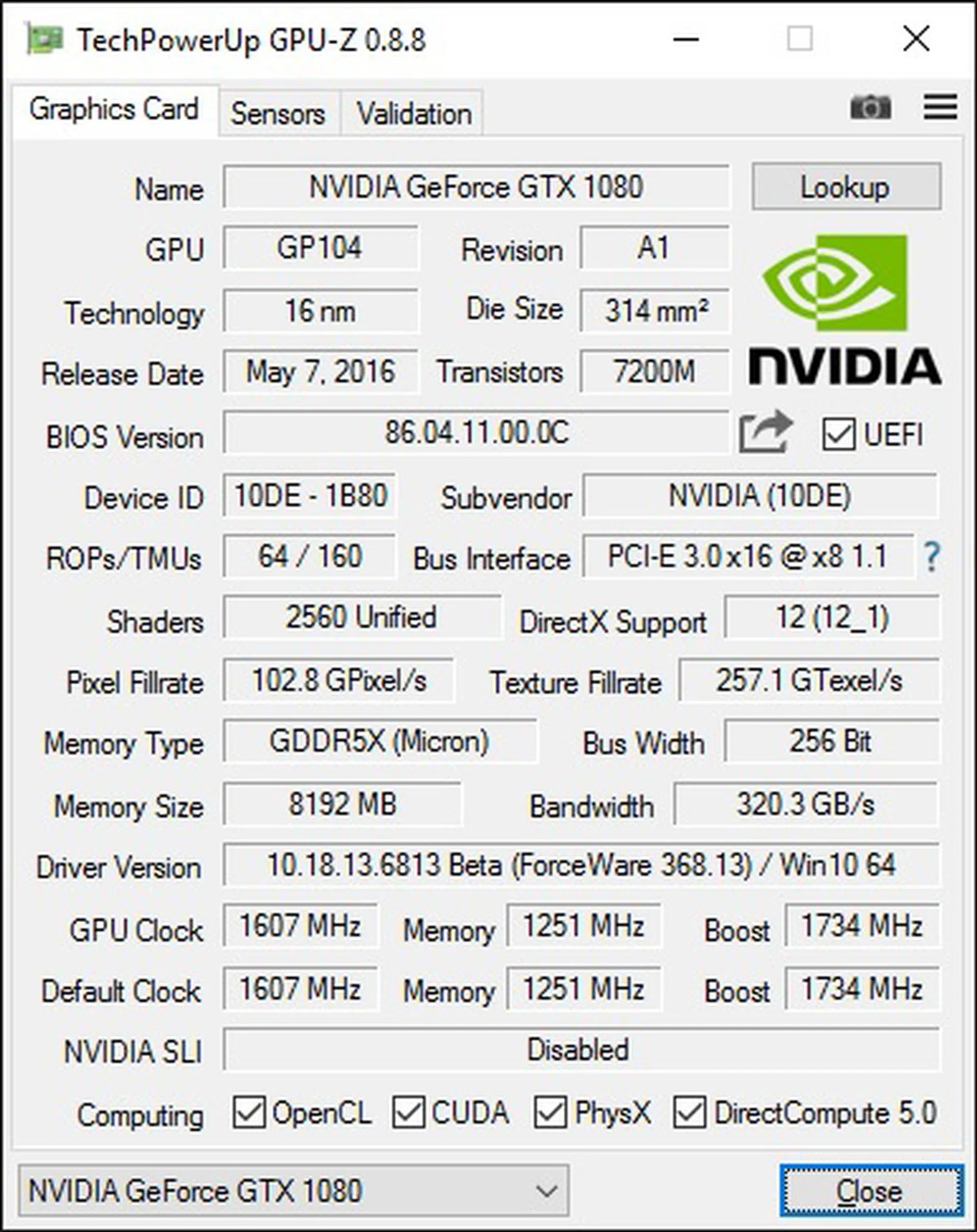 NVIDIA GeForce GTX 1080 GPU-Z