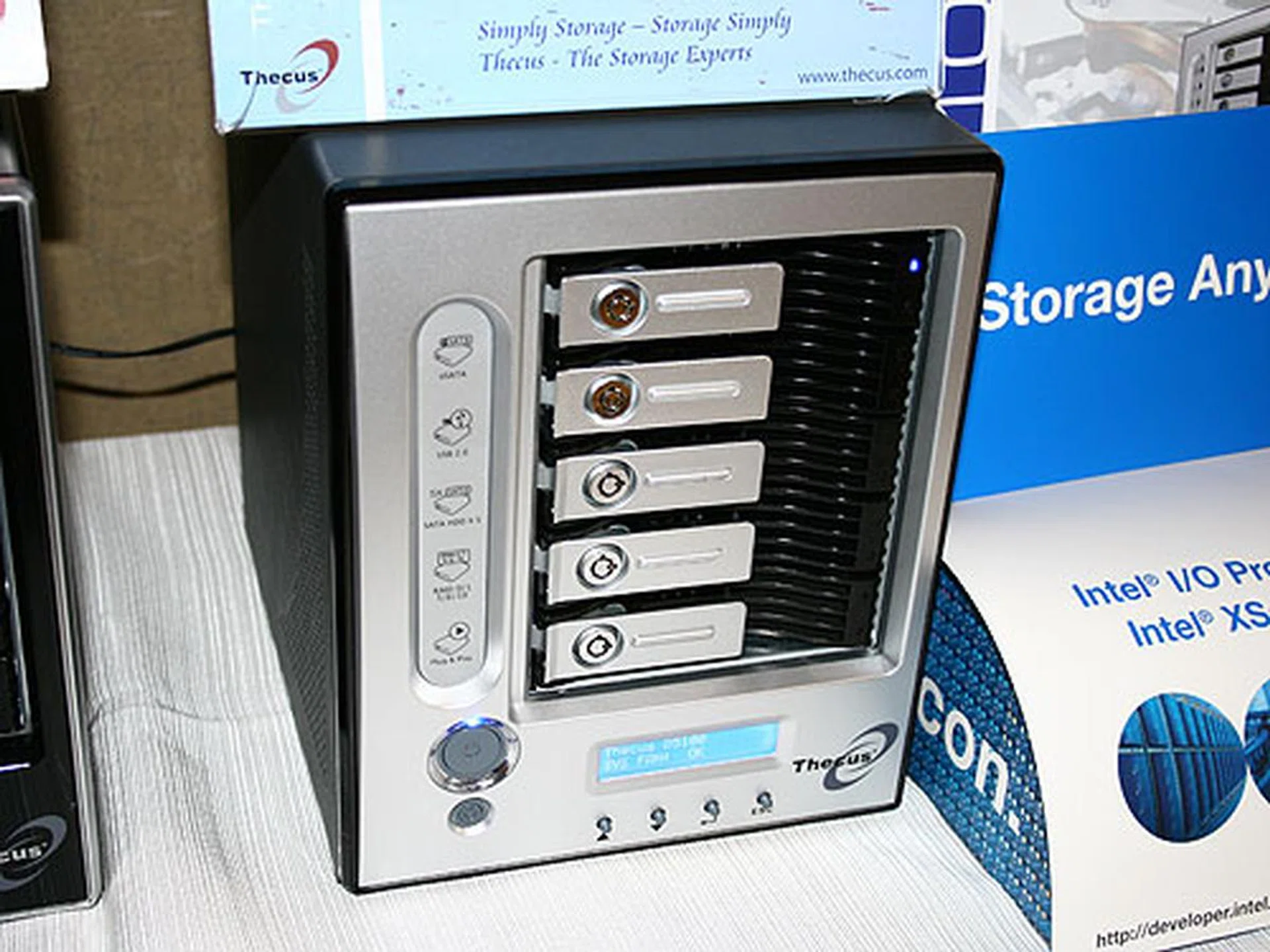  The Thecus D5100 is a five bay direct attached storage device supporting RAID levels 0, 1, 5, 6, 10 and JBOD. It can be connected directly to the PC using either its eSATA or USB port and it comes with Gigabit Ethernet/serial/USB ports for management purposes.  