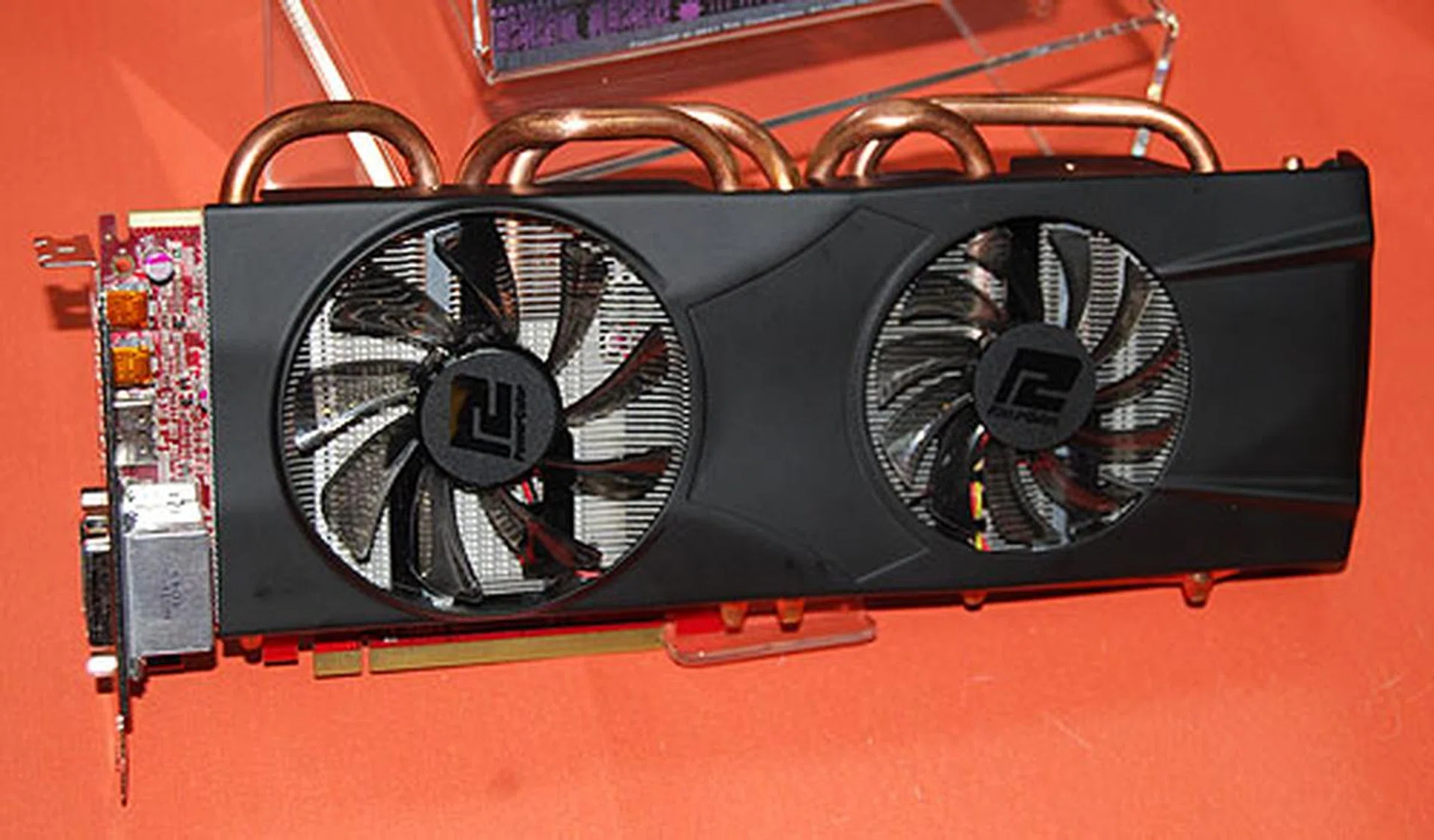 A custom Radeon HD 6870 X2 from PowerColor, with its dual fans and thick copper heatpipes. The vendor is probably the only manufacturer with such a model.