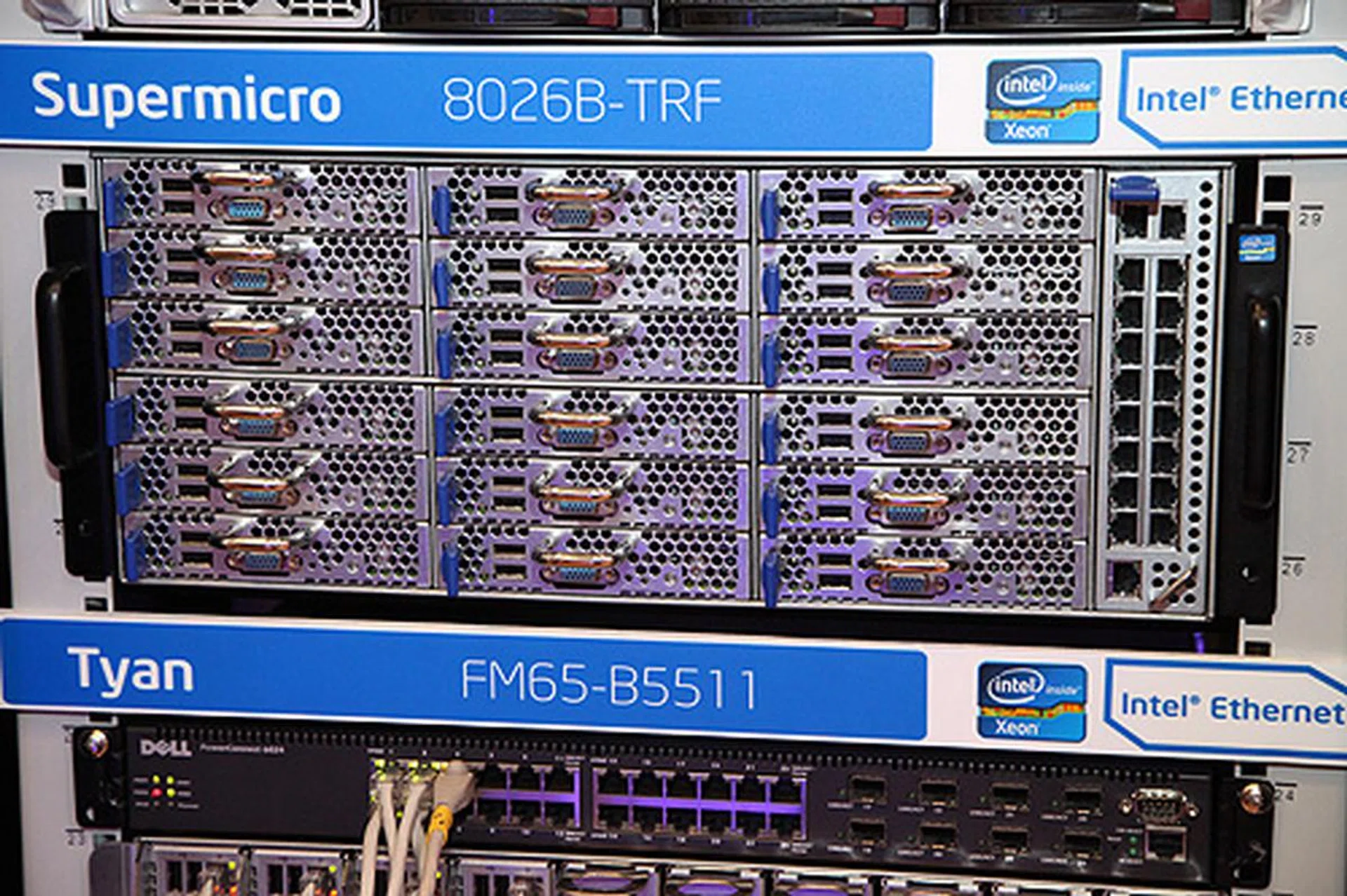The latest Tyan FM65-B5511 is the recently released high density 4U micro server rack with 18 removable front-loaded compute nodes, an integrated 1 G-bit or 10 G-bit switch module, and redundant (2+1) hot-swap power supplies. Each individual node supports a single next-generation Intel Xeon processor, up to 32GB of un-buffered ECC DDR3 memory, and two 2.5” SSD or HDD drives.