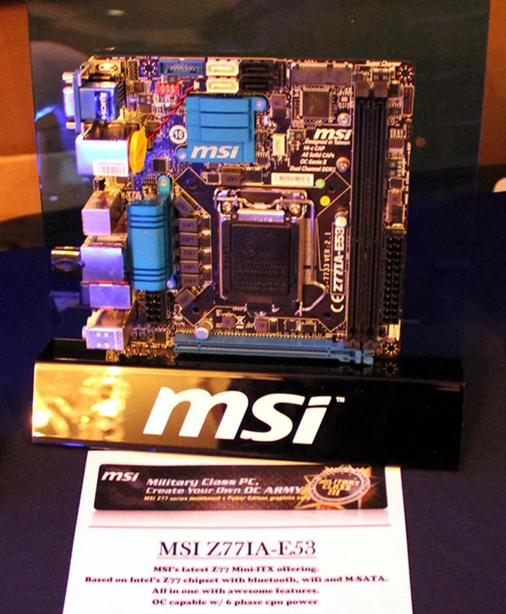 The MSI Z77IA E53 mini-ITX board features both Wi-Fi and Bluetooth connectivity features. Like its B75 counterpart, it supports OC memory modules rated up to 2800+MHz, up to a maximum capacity of 16GB.