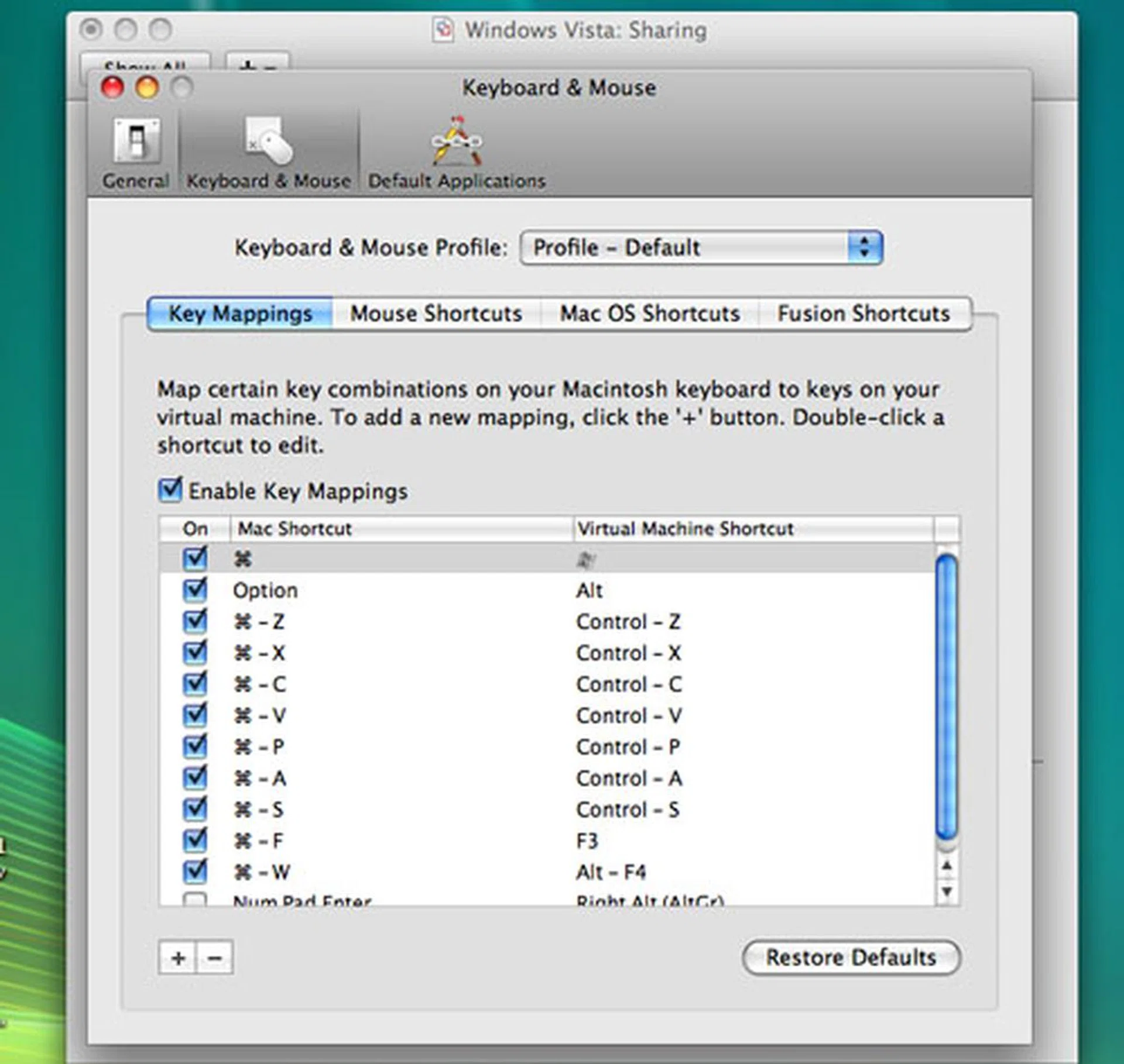 A new and much needed feature in Fusion 2.0 is how the software deals with key mappings. Besides the common keyboard shortcuts like cut, copy and paste that have been automatically mapped, users can define their own key mappings, useful for those applications that use Window-centric shortcuts with keys that aren't found on a Mac keyboard.