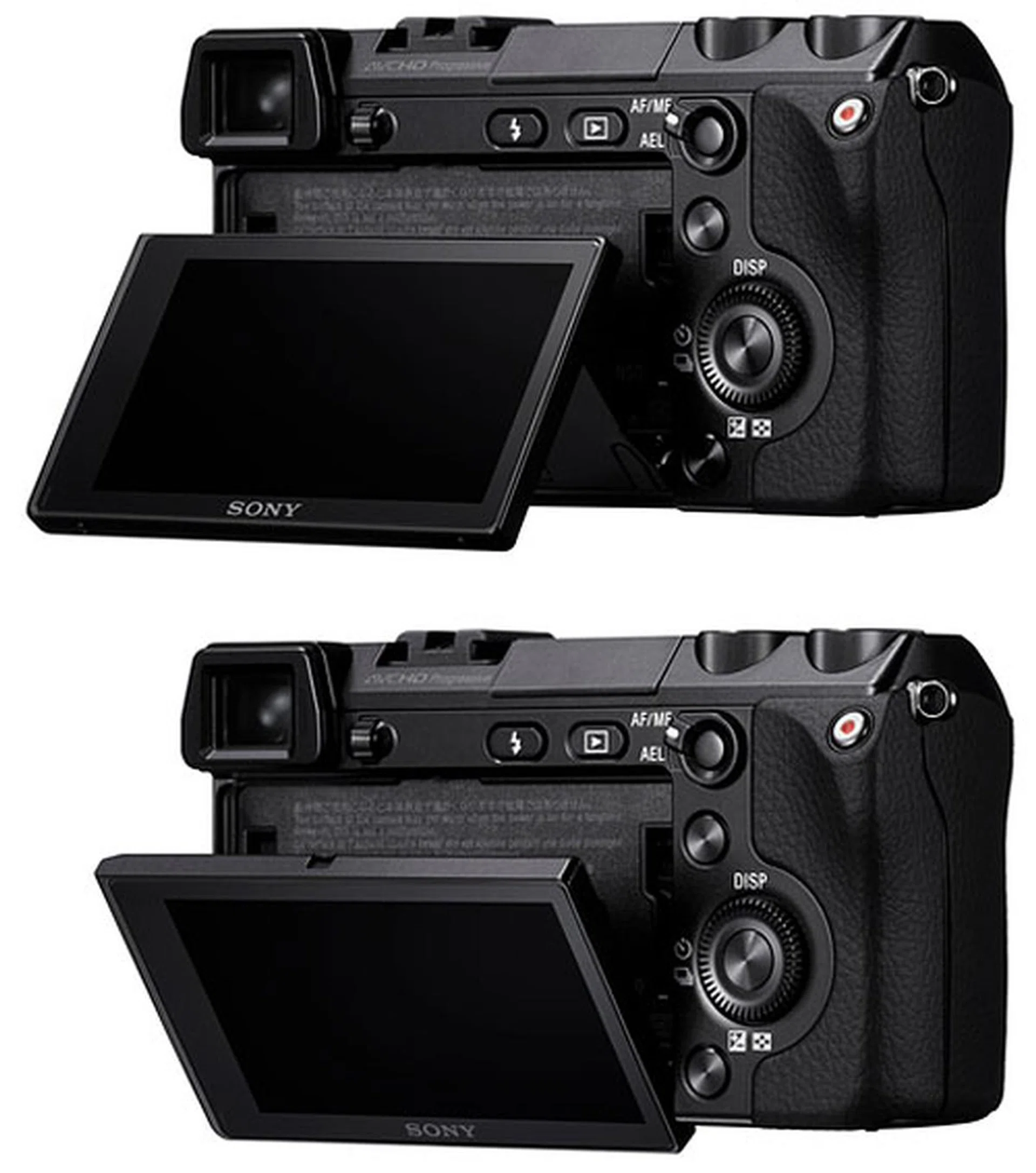 A two-way tilt (90° up, 45° down) LCD dominates the back of the camera.