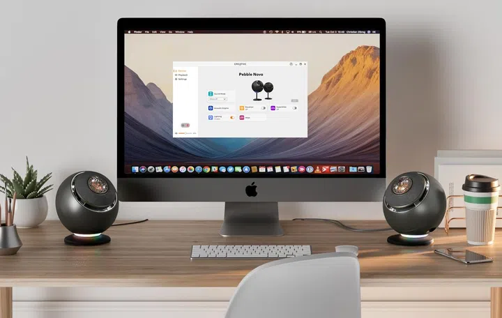 Creative Pebble Nova (L and R), flanking the desktop (centre). Photo: Creative.