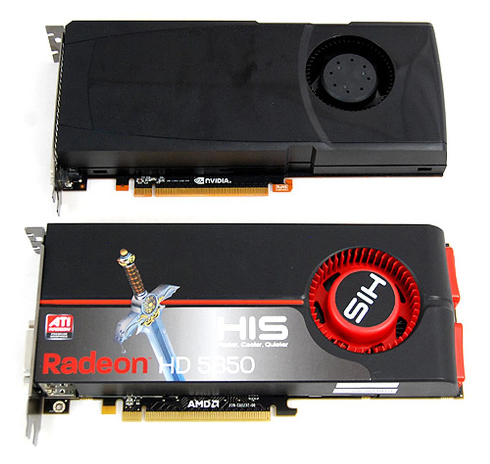 The GeForce GTX 470 measures around 9.5 inches in length, making it the same size as a Radeon HD 5850.