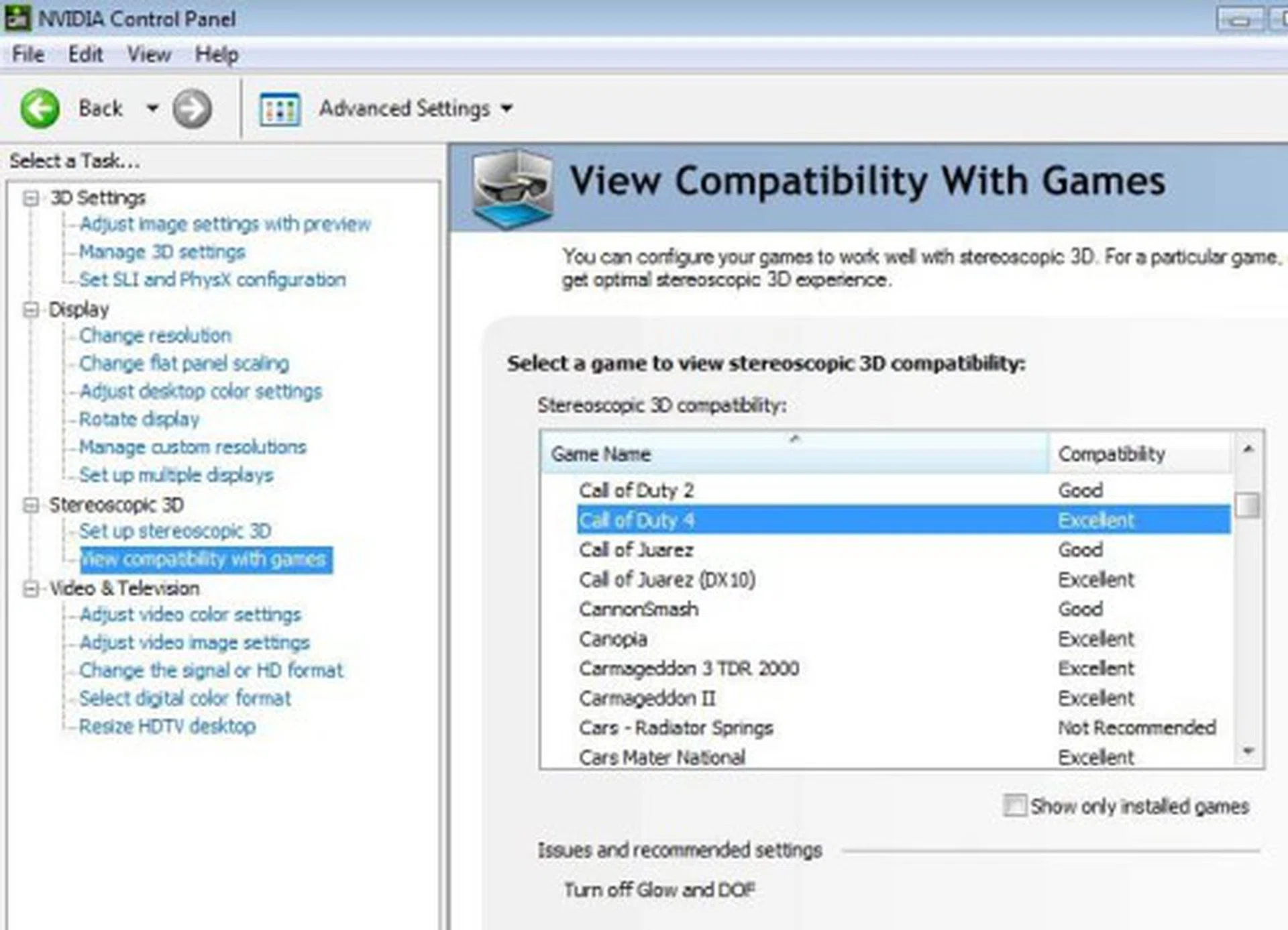 Using NVIDIA Control Panel, you can activate and deactivate 3D Vision and also check up on the compatibility of games.