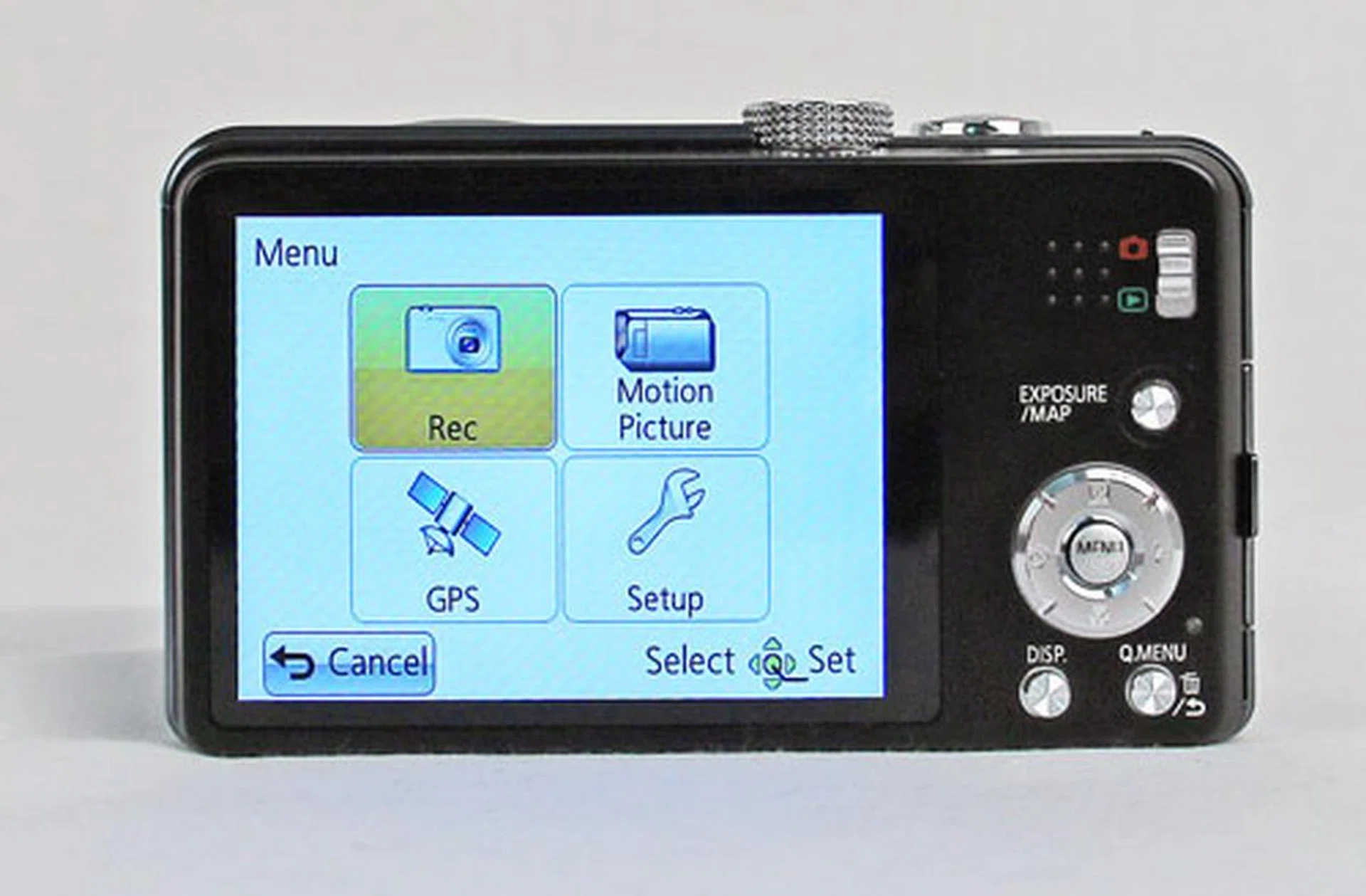 Hitting the Menu button will bring up four submenus: one each for shooting settings, video recording settings, GPS settings, and your basic camera setup options.