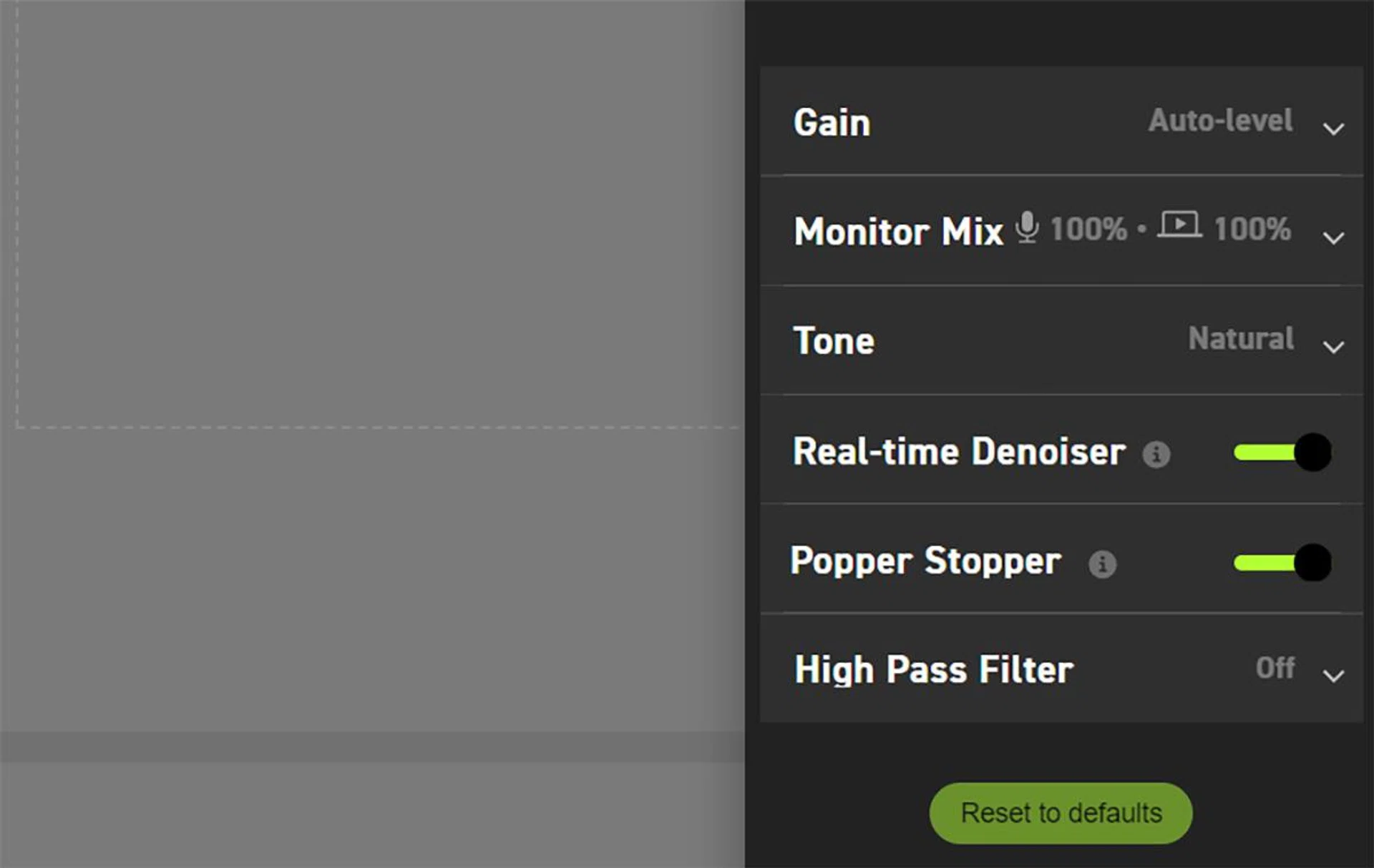 The settings menu for the MV6 on MOTIV Mix, where you can turn off some of the DSP-native features. Screenshot: HWZ