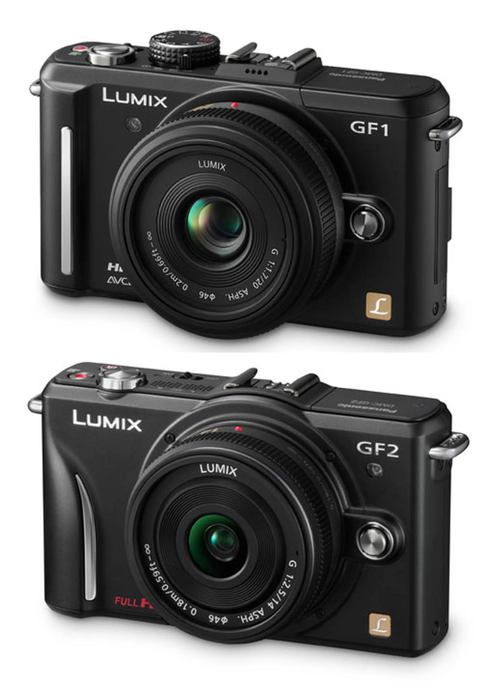 You can see the design changes between the Panasonic Lumix GF1 (top) and the GF2 (bottom) in this picture (not to scale).