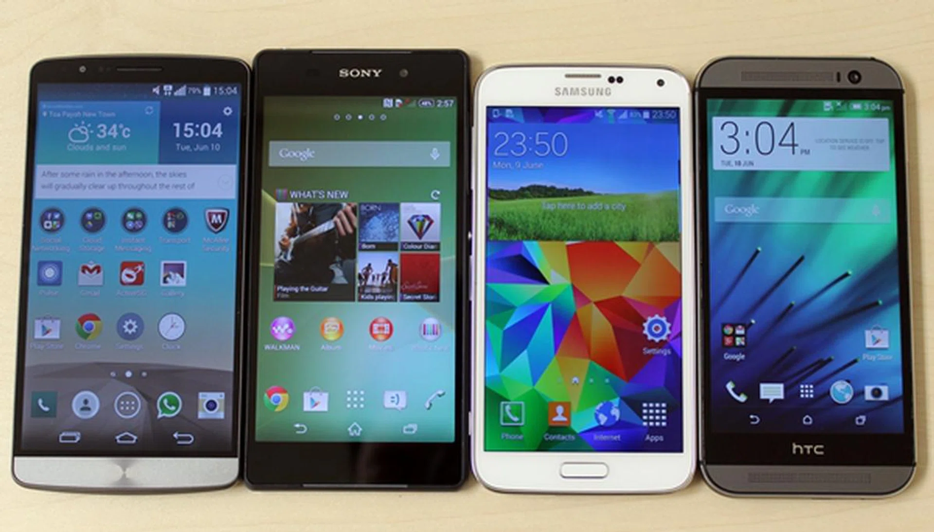 From left to right: 5.5-inch LG G3, 5.2-inch Sony Xperia Z2, 5.1-inch Samsung Galaxy S5 and 5-inch HTC One (M8).