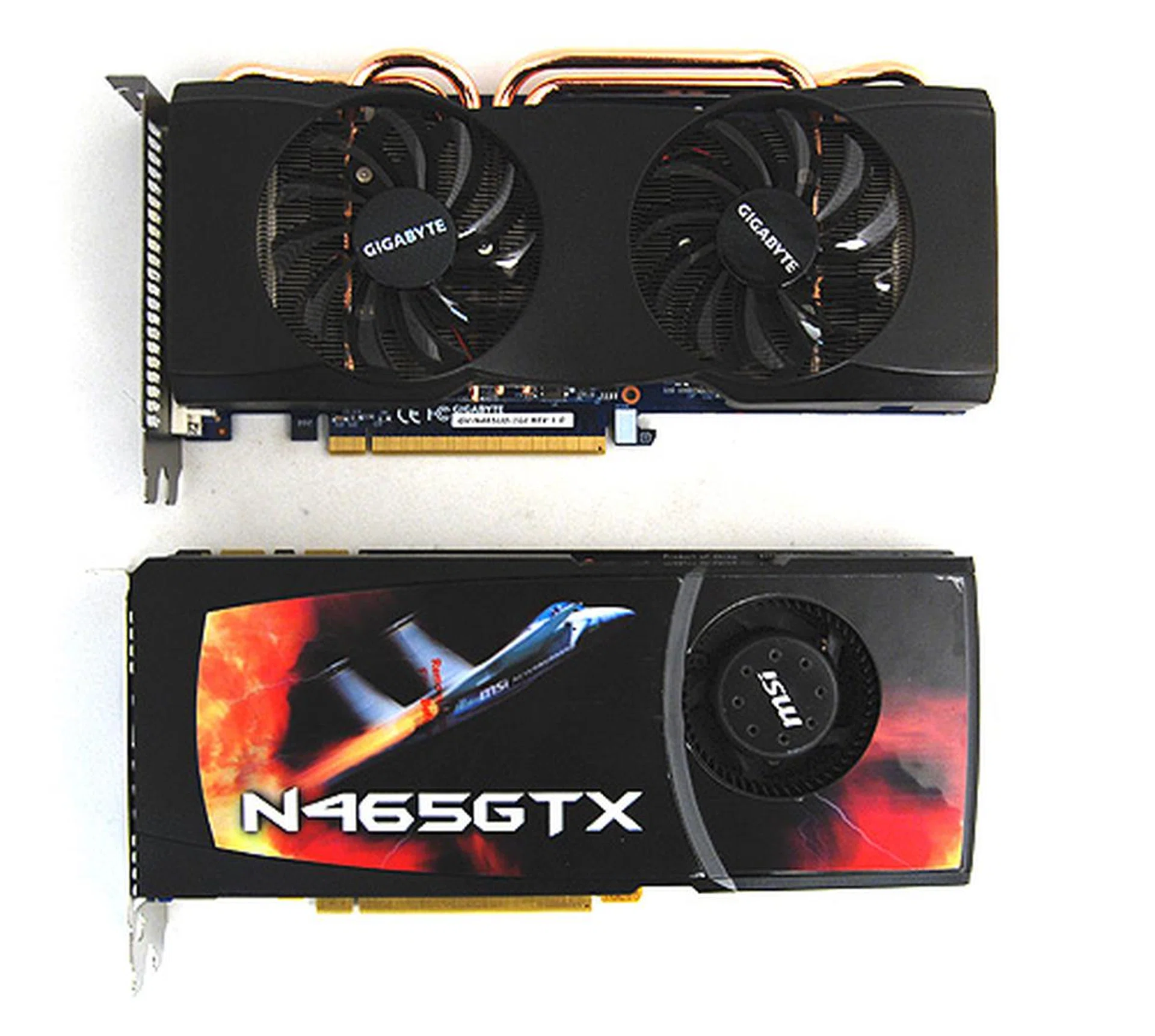 The Gigabyte GTX 465 looks remarkably different from our reference card, thanks to its customized cooler.