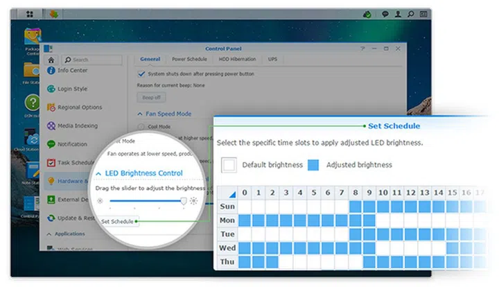 The front LED indicators can be scheduled to change brightness according to your preferences. (Image Source: Synology)