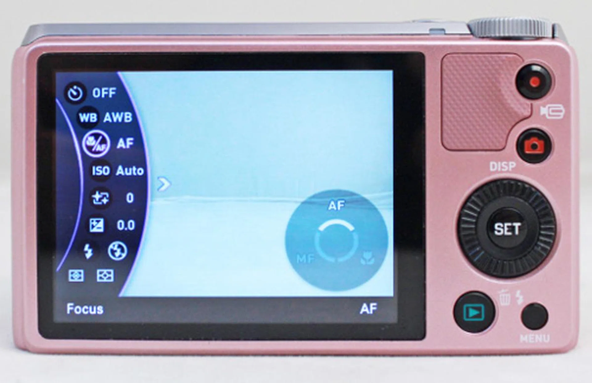 On the right of the rear panel you have the Movie button and the Rec button below it. Below the Rec button is the scroll wheel. The display is currently showing a list of settings commonly used during shooting. Pressing the Set button during shooting will bring up this list. 