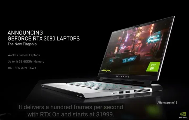 The top of the line RTX 3080 GPU for mobile will be available in notebooks starting from US$1,999, such as the Alienware m15 featured in this slide.