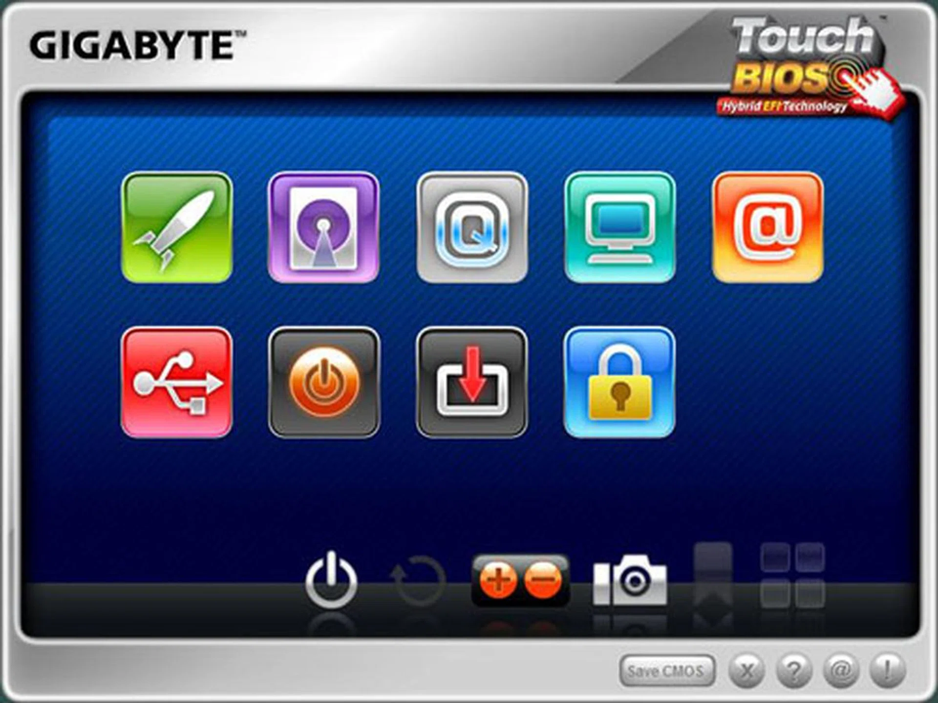 Gigabyte's TouchBIOS has big icons that are suitable for even the fattest fingers. 