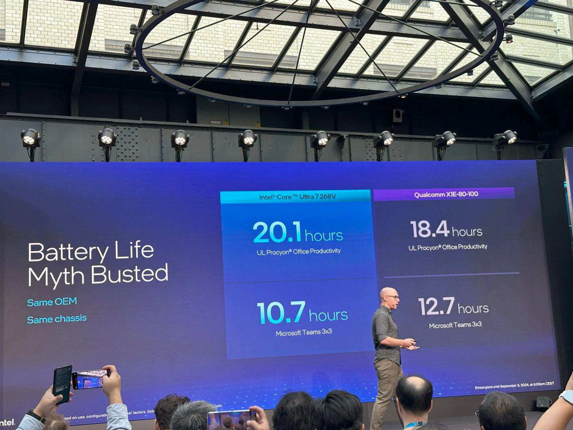 According to Intel, this is a comparison with two identical OEM laptops with the exact same configuration except for CPU and chipset. Photo:HWZ
