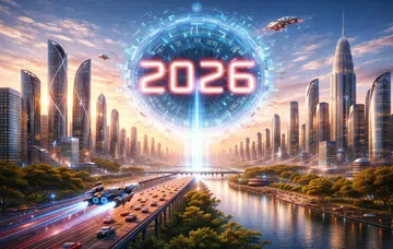 A futuristic cityscape with 2026 in the middle