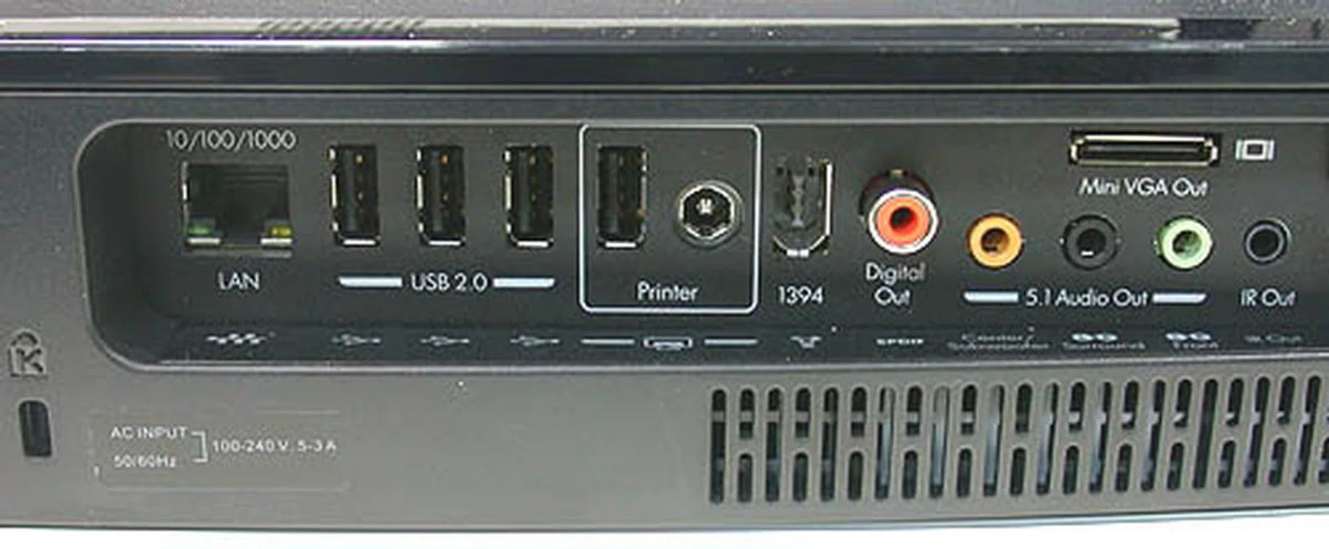 There are quite a few I/O ports at the back, including the reserved pair of USB and power connectors for the printer, meaning you are effectively left with 3 working USB 2.0 ports. Interestingly, there's also a mini VGA output, in addition to the S-Video output on the front I/O panel.
