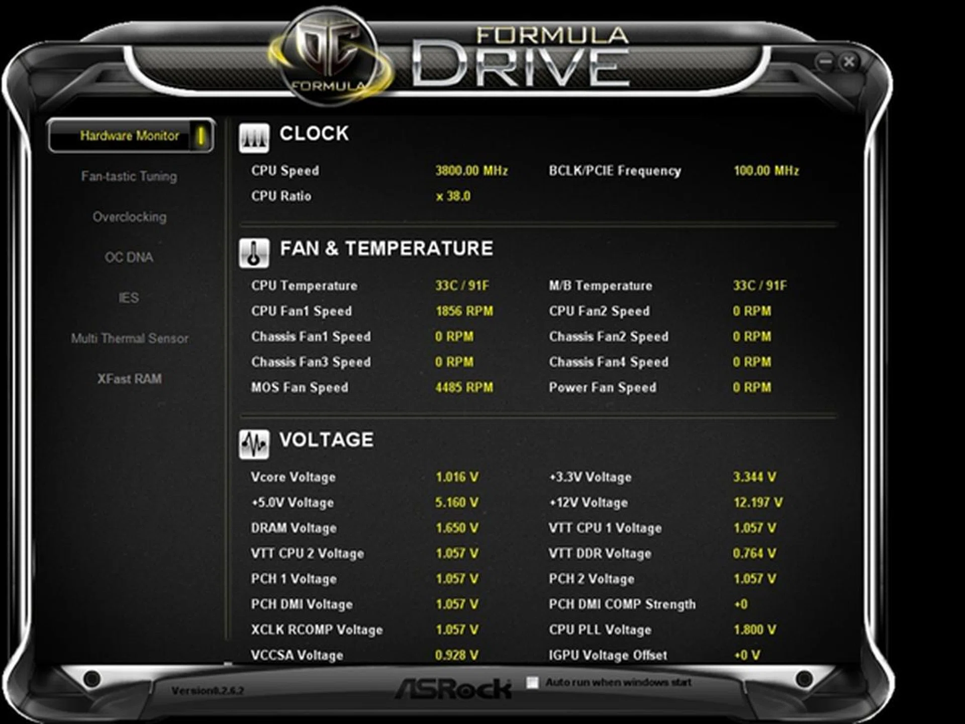 This is the GUI of the ASRock OC Formula Drive with its straightforward layout where the utilities and information screens are accessed via the left navigation pane.