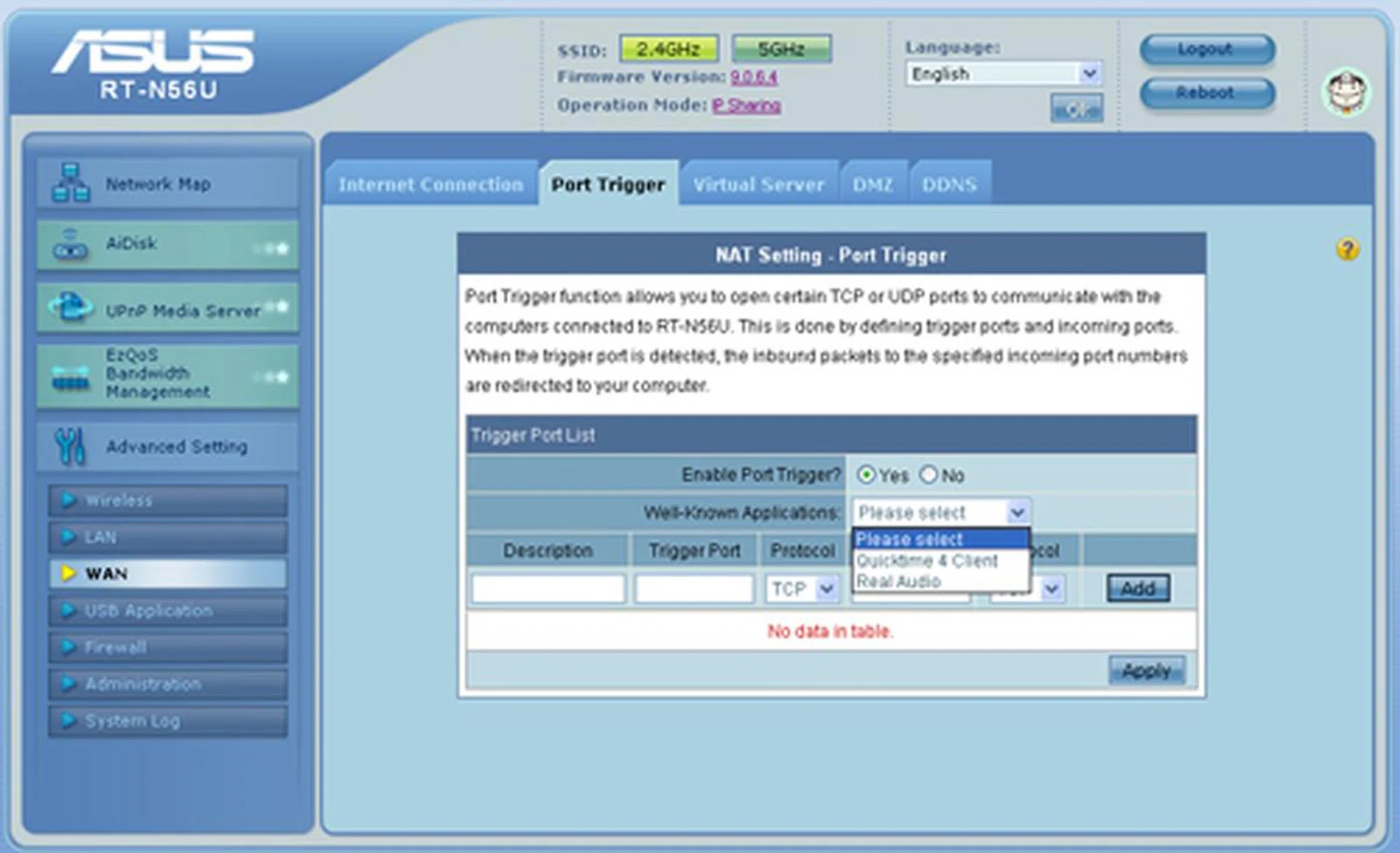 The router supports TCP and UDP port triggering. You'll have to specify your own set of trigger ports though, since only a Quicktime and Real Audio clients are provided under its "Well-Known Applications" drop list.