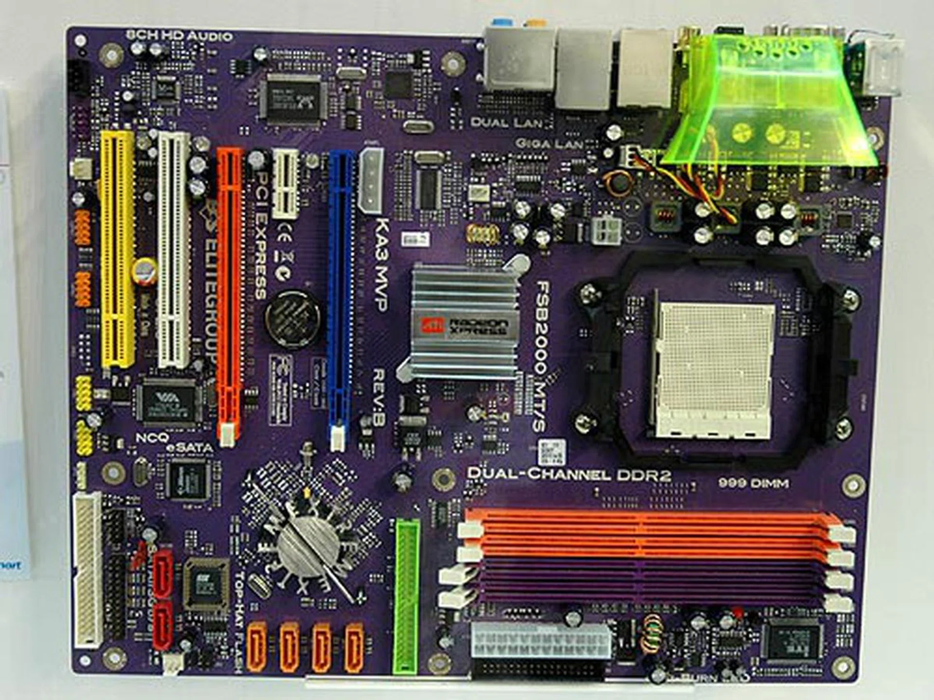If you prefer CrossFire instead of SLI, then the KA3 MVP may be the board for you. Based on the new ATI RD580 north bridge paired with the SB600 south bridge, this Socket M2 board comes with six SATA RAID ports, one Gigabit Ethernet LAN port, one Fast Ethernet LAN port, two PCIe x16 graphics slots, one PCIe x1 slot, two PCI slots and an eight-channel high definition audio codec.