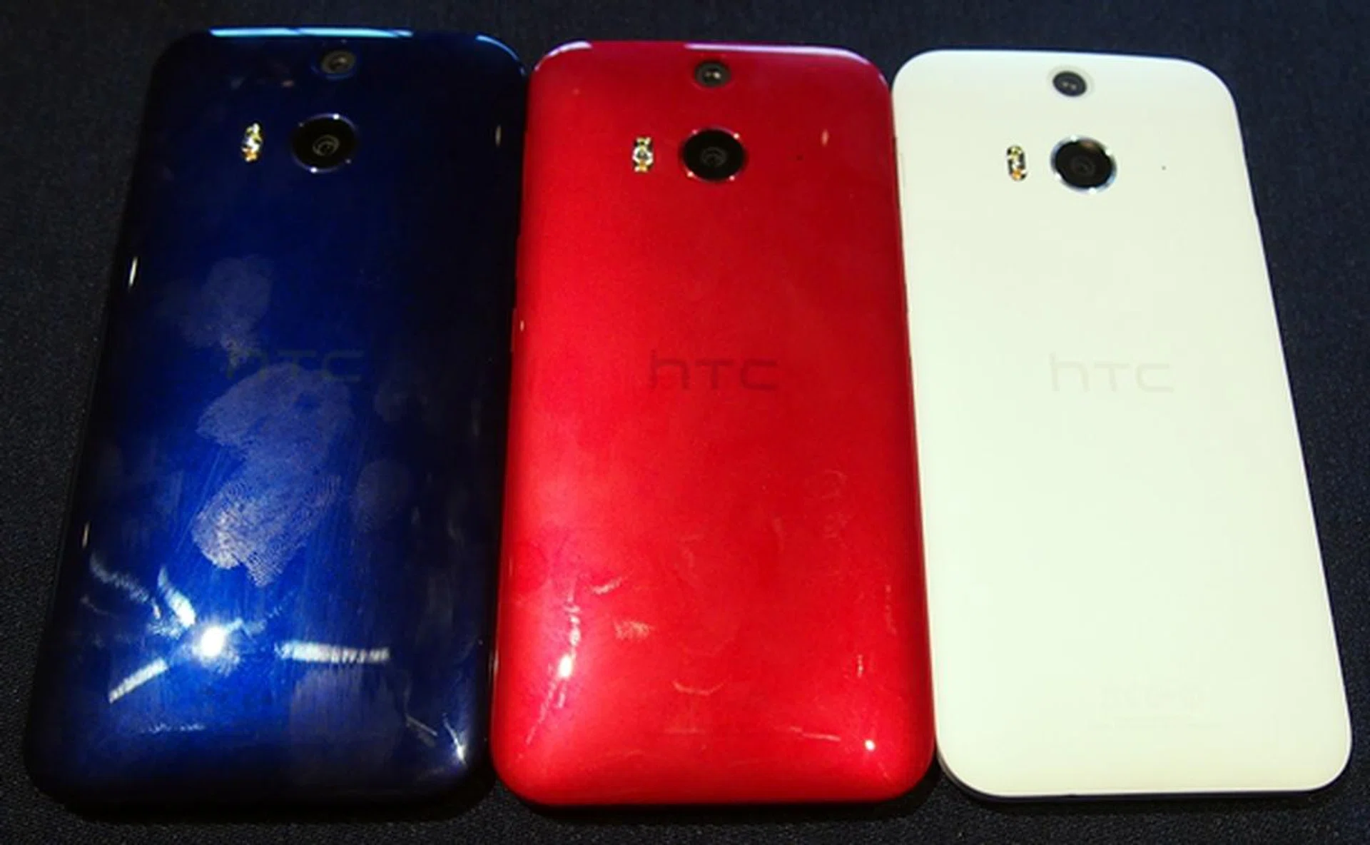 Notice how unsightly fingerprints and smudges look on the blue and red models of the HTC Butterfly 2.
