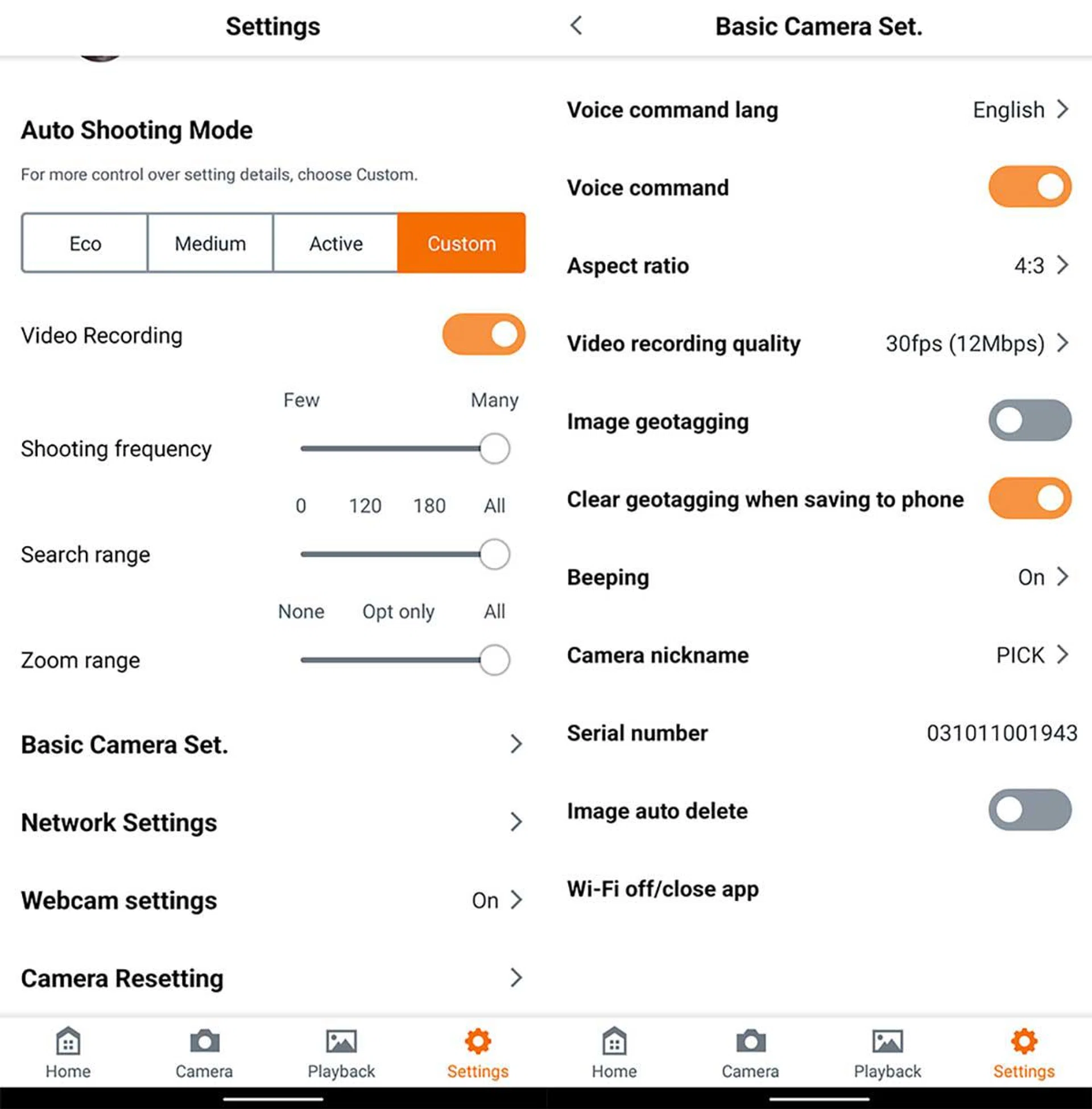Auto Shooting settings and basic camera settings.