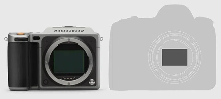 A rough comparison of the size difference between the X1D's sensor and a typical 35mm full-frame camera's sensor.