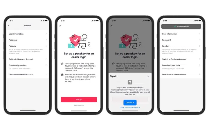 Here's how you can set up passkeys for TikTok. Click to enlarge. (Image source: TikTok)