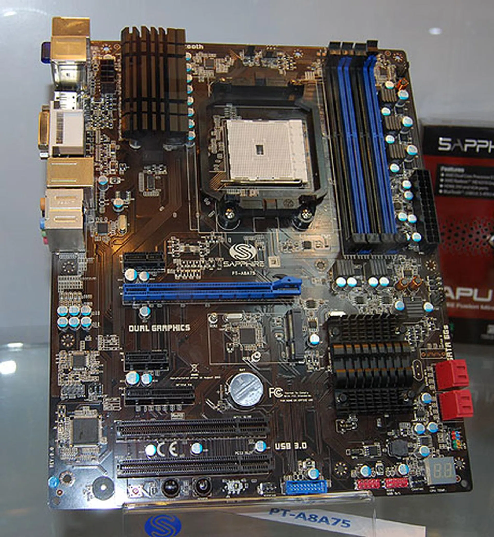 The Pure Platinum A75 is meant for AMD's Llano processors. It has one PCIe 2.0 x16 slot and four USB 3.0 ports. 