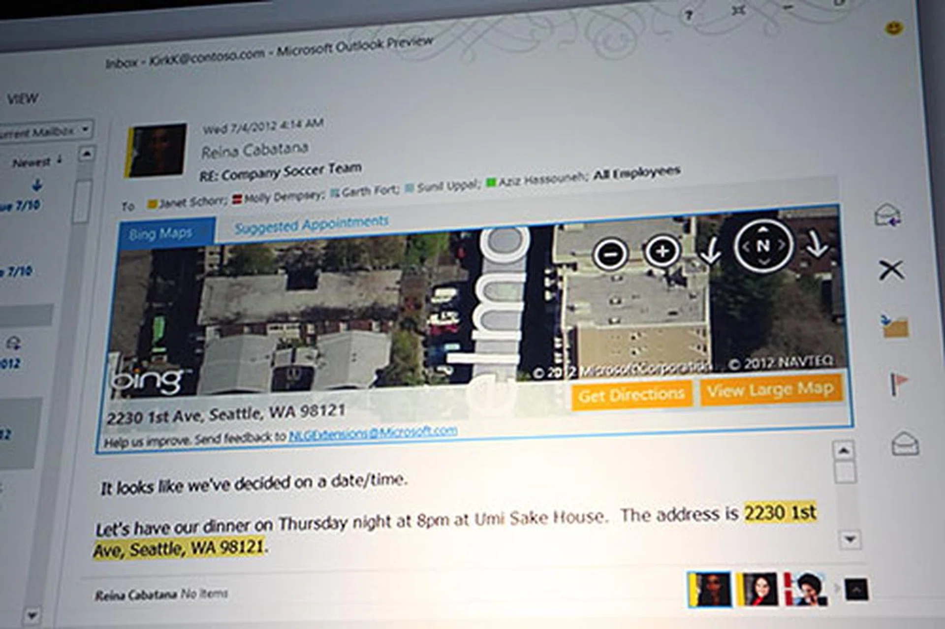 Two 'add-ons' - Bing Maps and Suggested Appointments - being integrated in Outlook. In this example, you can highlight an address, and have Bing Maps show you where it is on the map, right within the message.