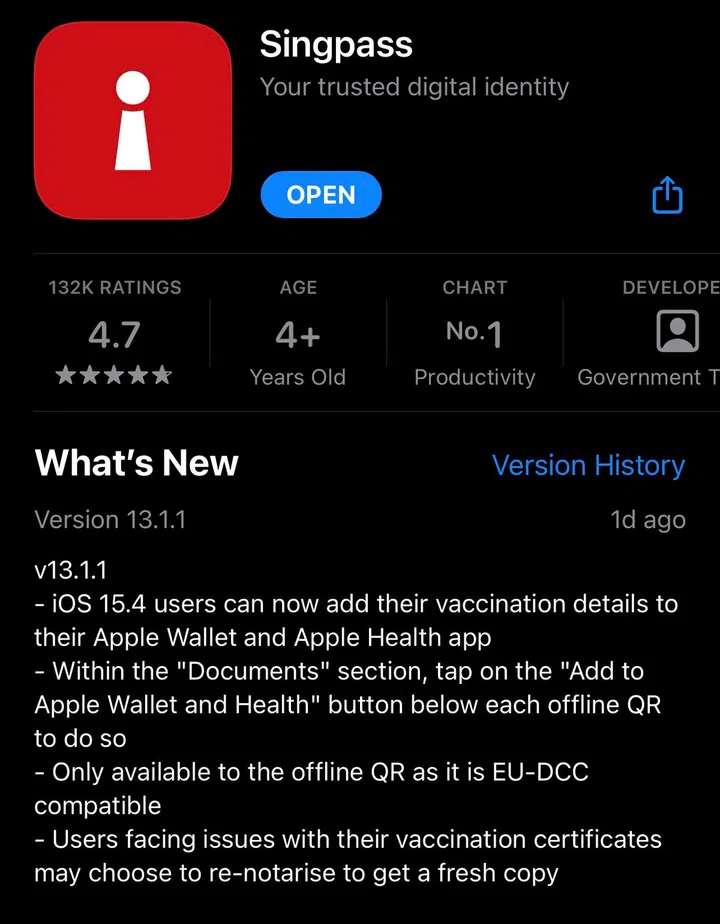 Don't forget to make sure your Singpass app and iPhone are updated.