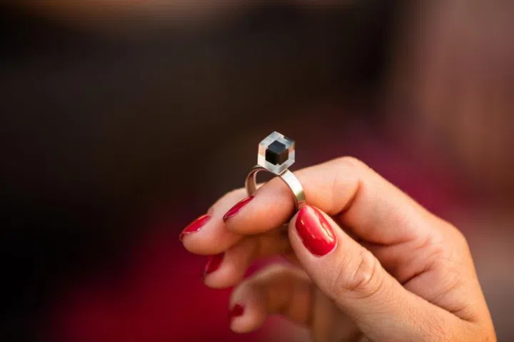 A ring set with one of the Smog Free Tower's gemstones.