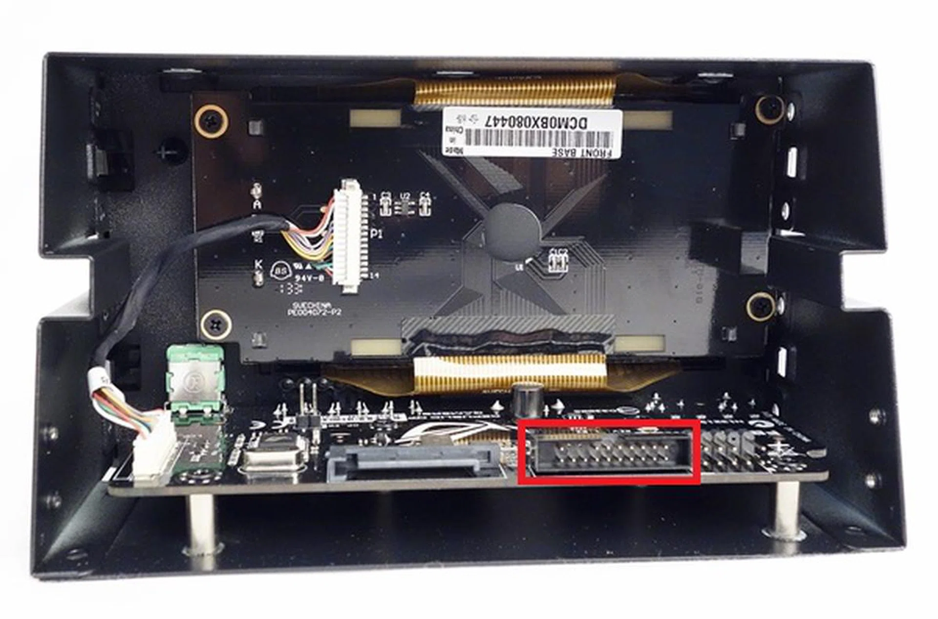 The ROG extension connector is marked with the red frame and to its right, the AAFP connector. These connections provide the ROG Front Base with the necessary data inputs to function. It is powered by a SATA power connector as seen on the left of the ROG extension connector.