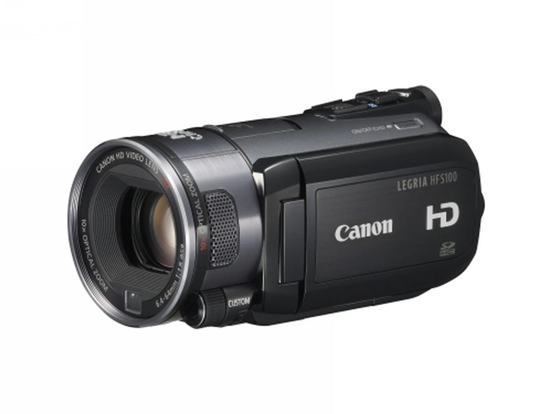 The Canon HF S100 records to removable memory.