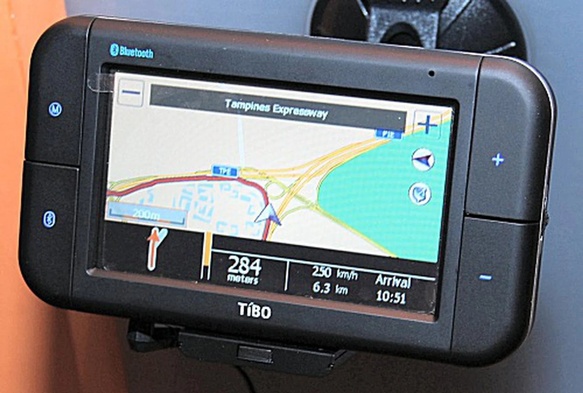  Seen here is the TIBO V-4150 GPS device that comes with a 4.3-inch touchscreen, has a resolution of 480 x 272 pixels and supports up to 4GB of SD storage.  