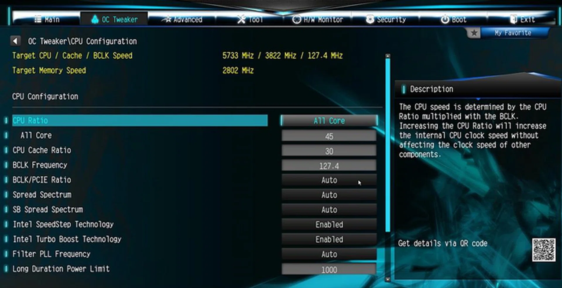 The BCLK frequency was adjusted to 127.4MHz, and its CPU ratio was adjusted to 45 for all cores.