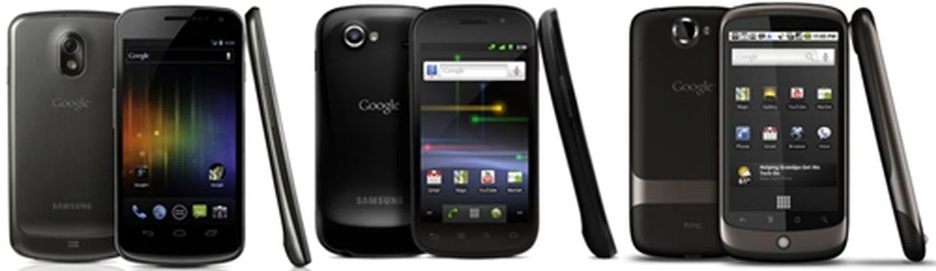 The Galaxy Family: Samsung Galaxy Nexus (L), Google/Samsung Nexus S (C) and Google Nexus One (R)