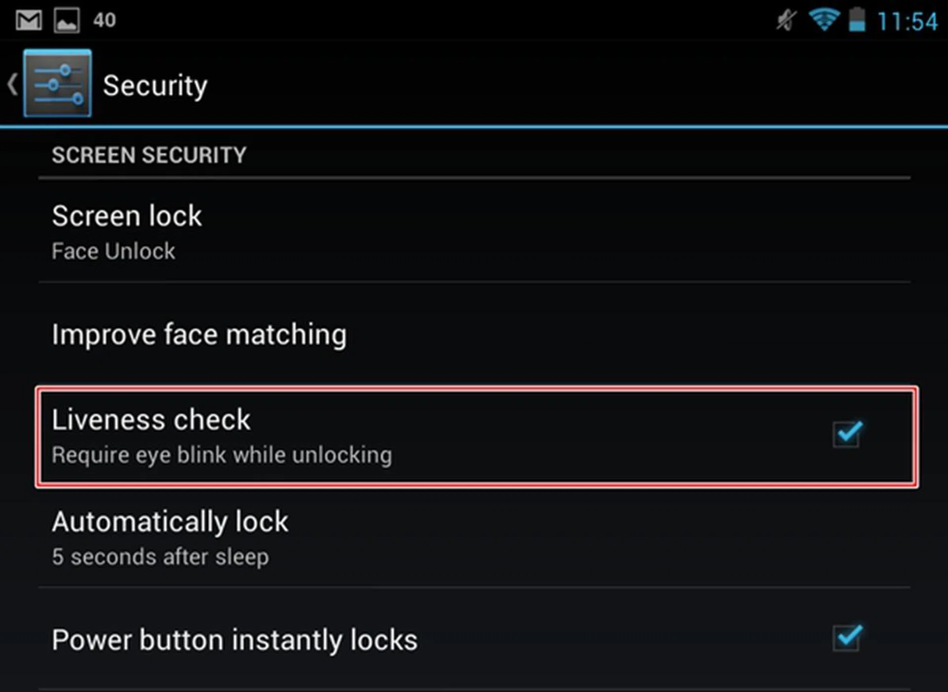 A "Liveness check" option requires you to blink when unlocking the Nexus 7. 
