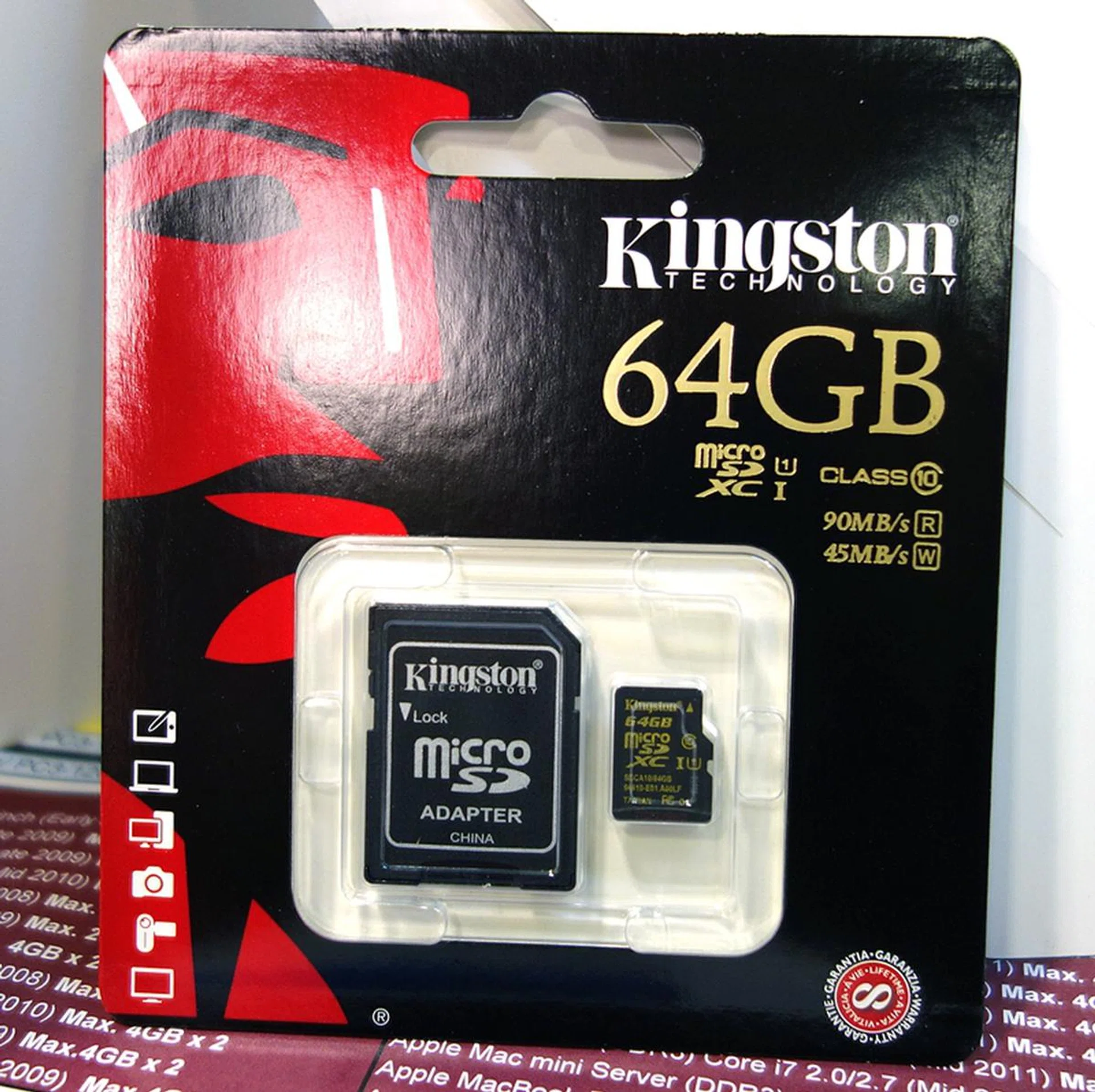 The Kingston microSDXC 64GB card comes with a full-sized SD card adapter. According to the company, it has a sequential read speed of 90MB/s and a write speed of 45MB/s. It retails for S$68.50. 