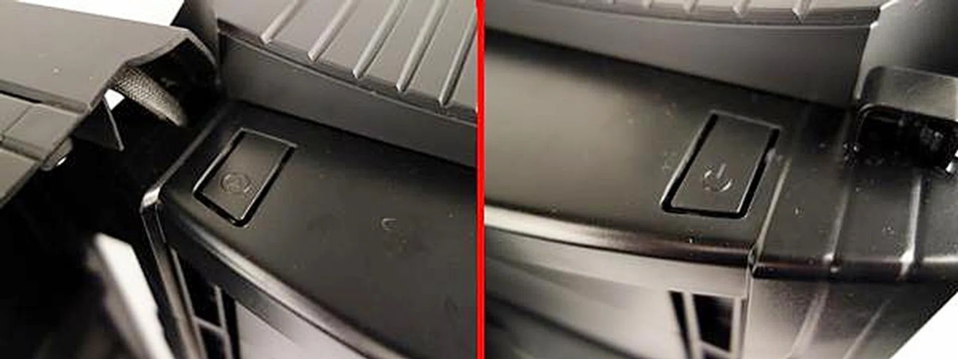 With the hinged cover open, the reset button is seen on the left; while the power button is on the right.