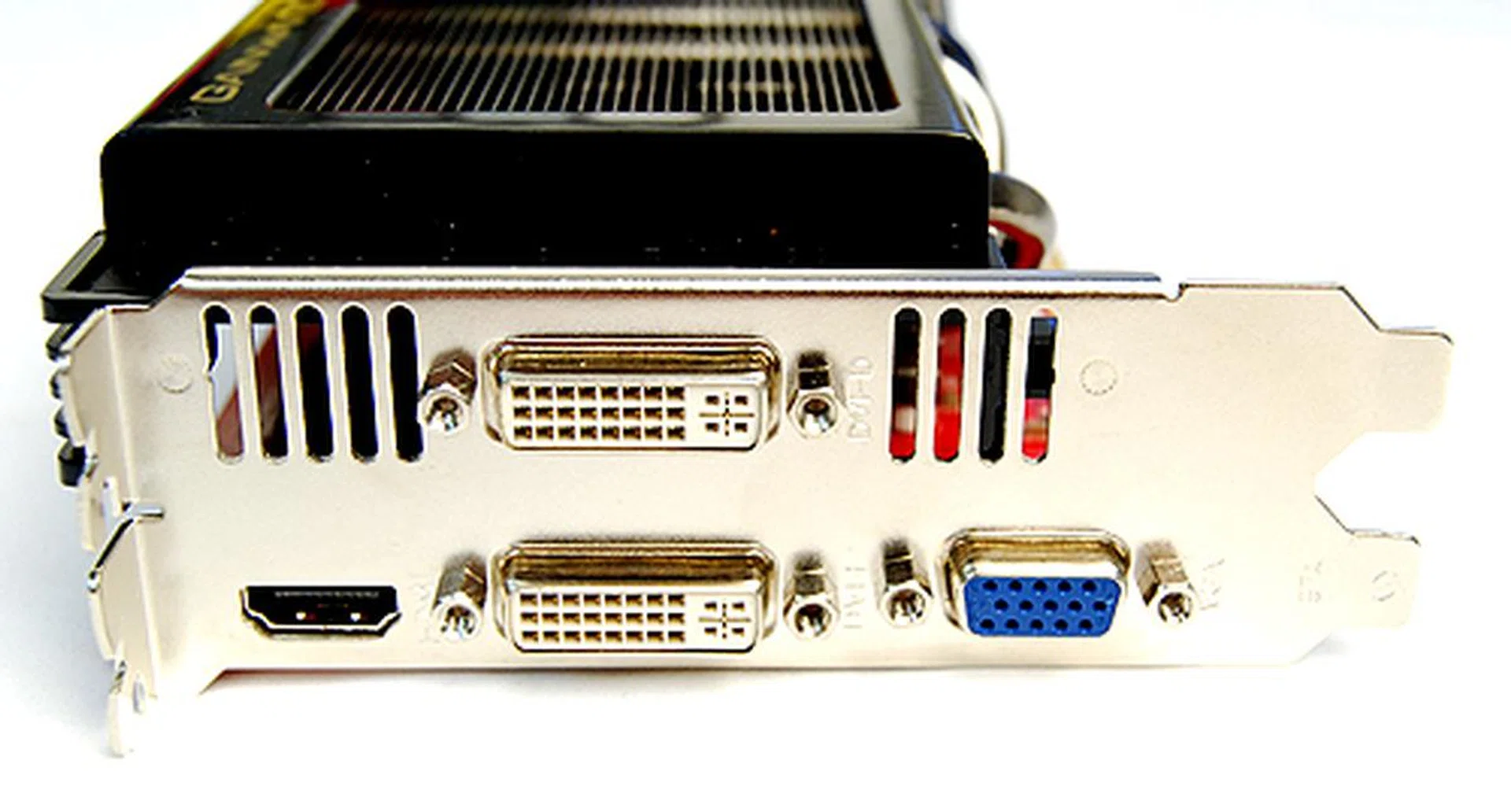 The Gainward card gets two DVI ports, a VGA port, and a full-size HDMI port.