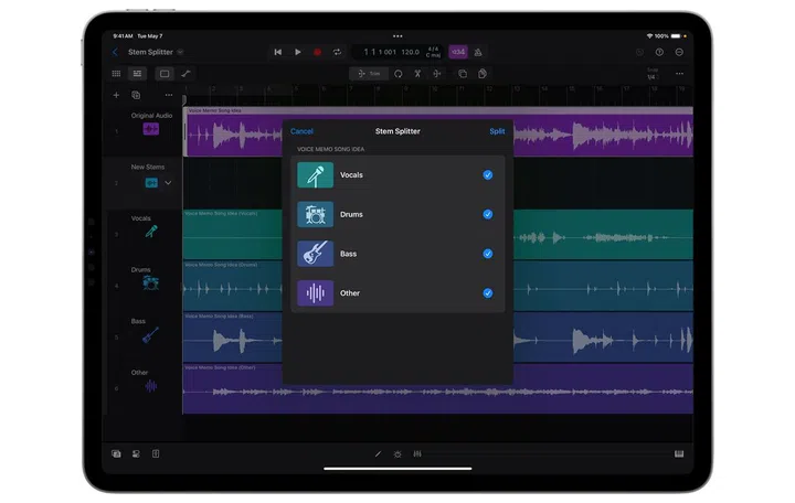 Stem Splitter on Logic Pro for iPad 2. Source: Apple.