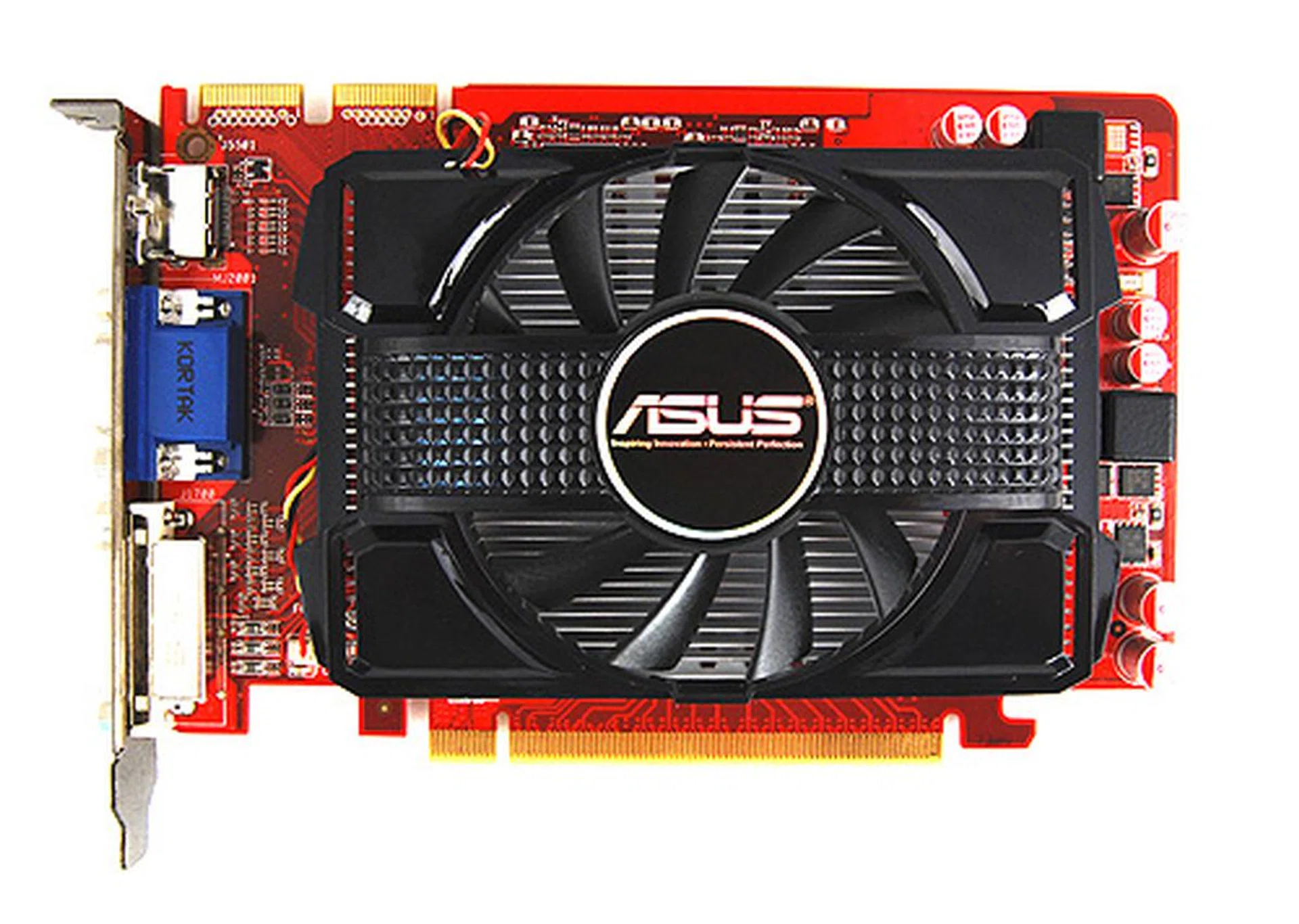 The ASUS EAH5670 comes with a blockish custom cooler that features a dust-proof fan design. Note that unlike our reference Radeon HD 5670, this card has two physical CrossFireX connectors.
